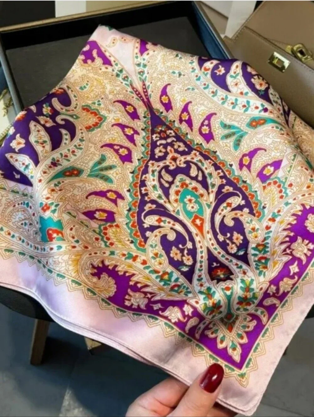 Silk-feel Vibrant Paisley  Scarf in Purple, Teal & Cream
